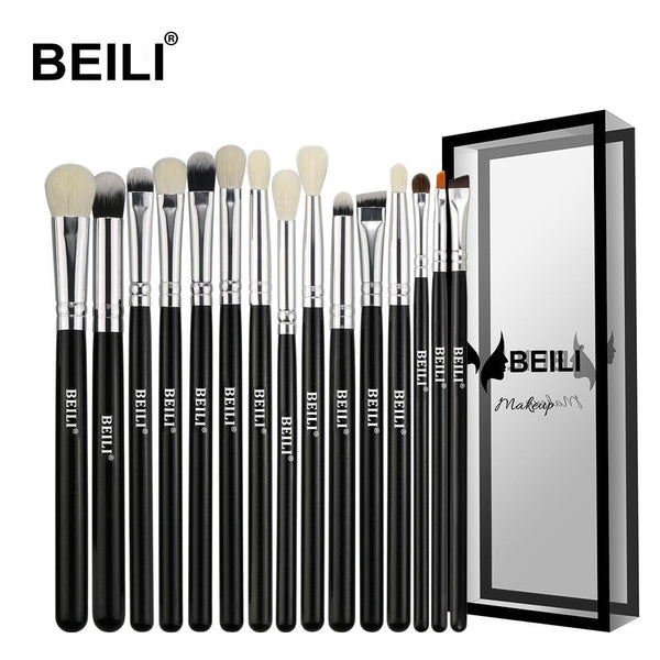 BEILI Black 15Pcs Makeup brushes Natural Goat Pony hair Eye shadow Blending Eyeliner Eyebrow Smokey shade brush set